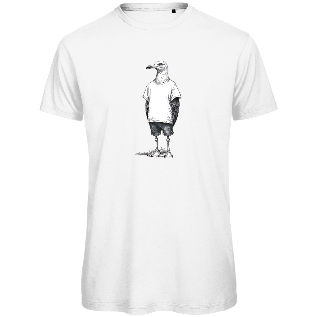 T-Shirt Herren "Küstenvogel" aus Bio-Baumwolle in Weiß mit gezeichneter Möwe im T-Shirt und Shorts – humorvolles Design für stilbewusste Männer