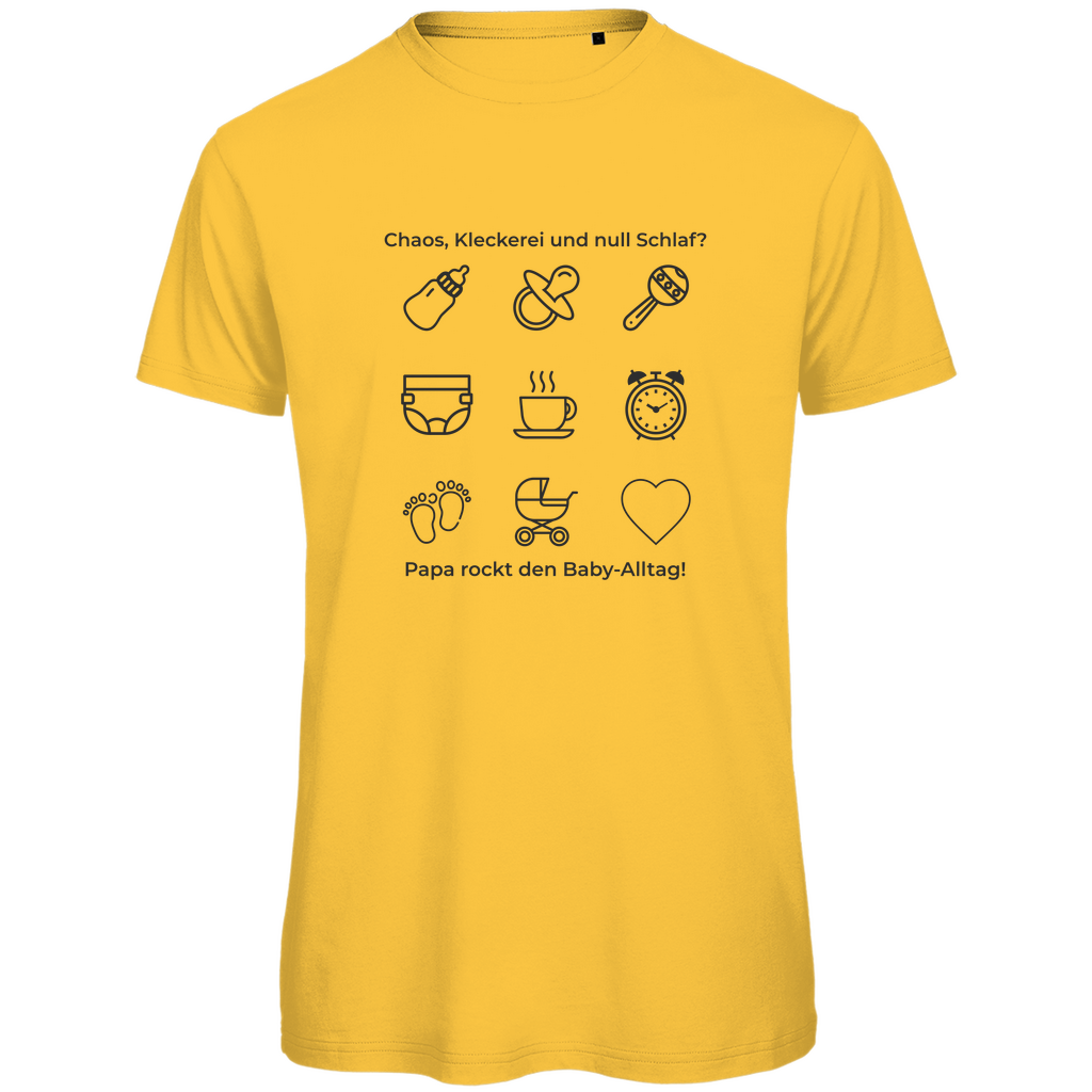 T-Shirt Herren "Papa rockt das Chaos" aus Bio-Baumwolle in Gelb mit charmanten Baby-Alltags-Symbolen – perfektes Geschenk zum Vatertag für Väter mit Humor