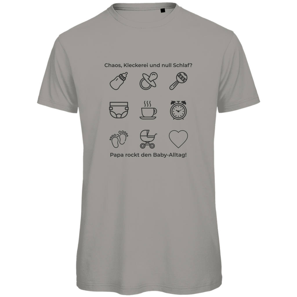 T-Shirt Herren "Papa rockt das Chaos" aus Bio-Baumwolle in Grau mit charmanten Baby-Alltags-Symbolen – perfektes Geschenk zum Vatertag für Väter mit Humor