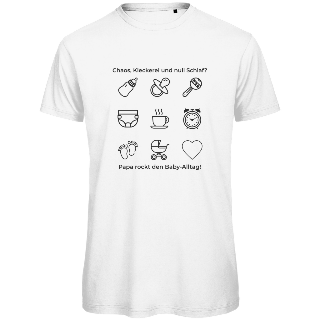 T-Shirt Herren "Papa rockt das Chaos" aus Bio-Baumwolle in Weiß mit charmanten Baby-Alltags-Symbolen – perfektes Geschenk zum Vatertag für Väter mit Humor