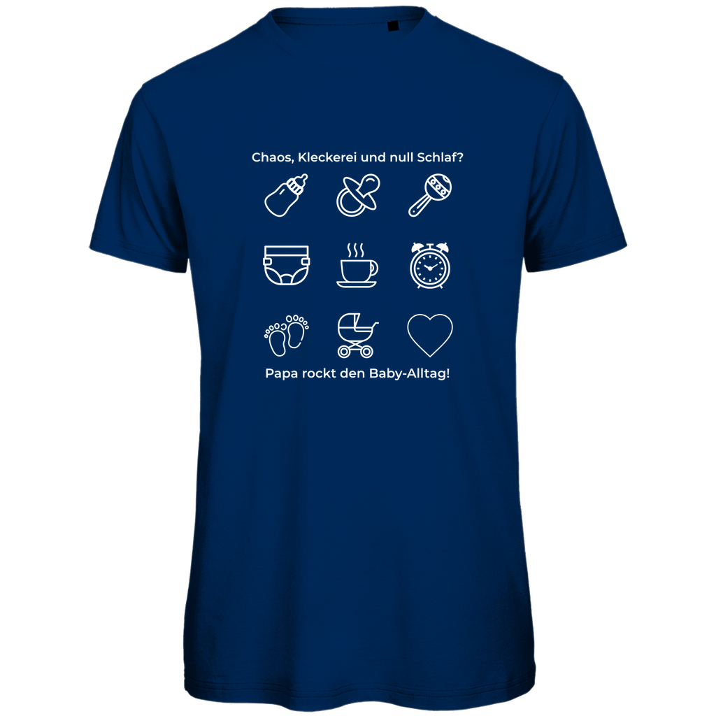 T-Shirt Herren "Papa rockt das Chaos" in Blau mit kontrastreichem Print – aus der Dark Collection für Papas mit Humor und Haltung. Ideal als Geschenk zum Vatertag oder Geburtstag