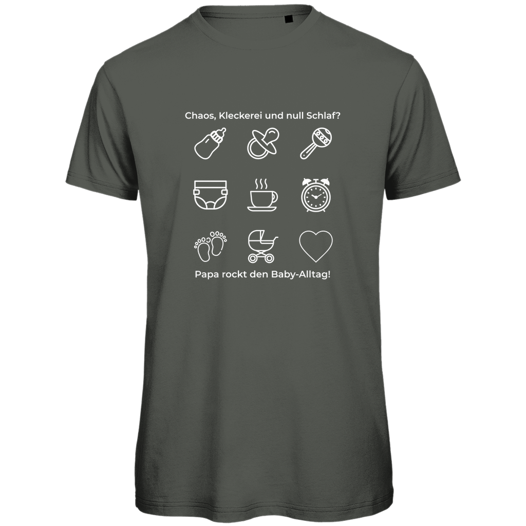 T-Shirt Herren "Papa rockt das Chaos" in Olivgrau mit kontrastreichem Print – aus der Dark Collection für Papas mit Humor und Haltung. Ideal als Geschenk zum Vatertag oder Geburtstag
