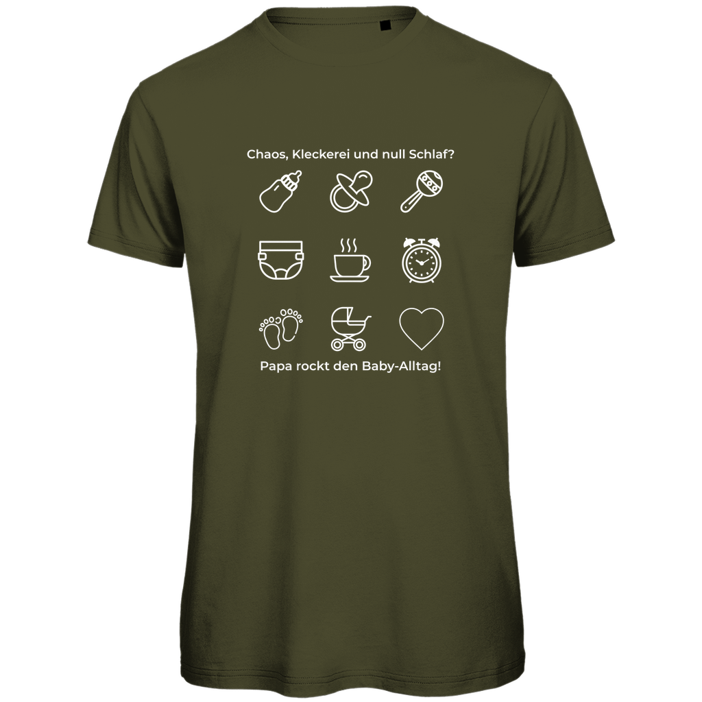 T-Shirt Herren "Papa rockt das Chaos" in Khaki mit kontrastreichem Print – aus der Dark Collection für Papas mit Humor und Haltung. Ideal als Geschenk zum Vatertag oder Geburtstag