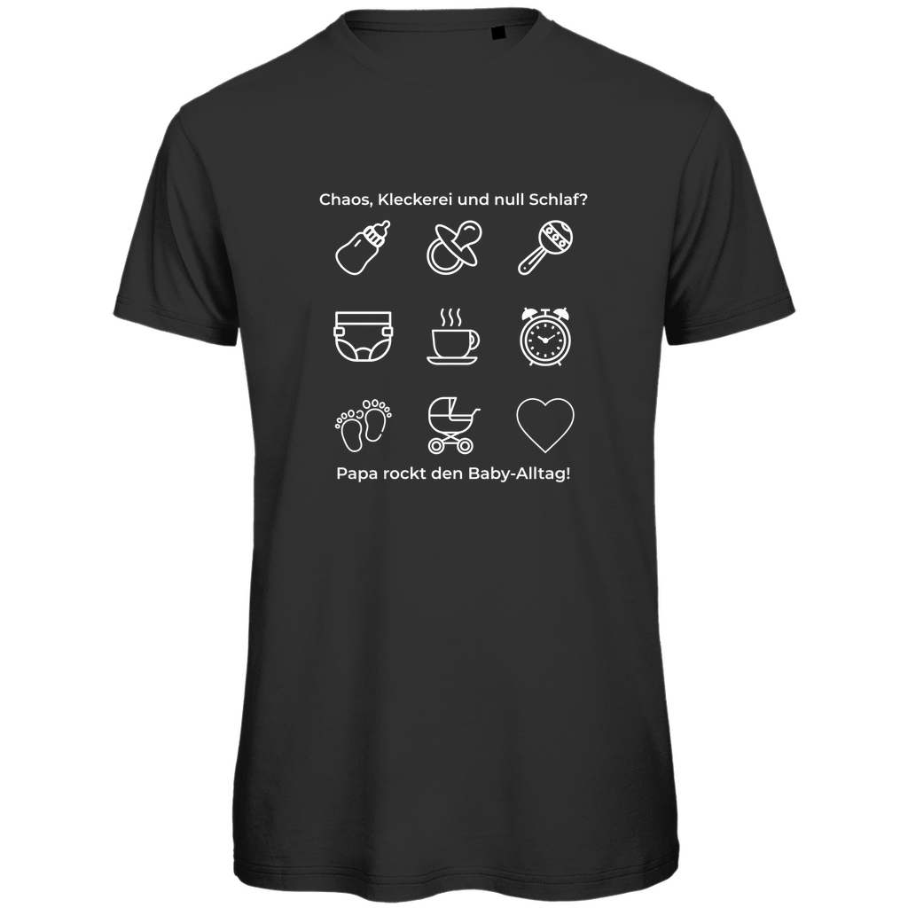 T-Shirt Herren "Papa rockt das Chaos" in Schwarz mit kontrastreichem Print – aus der Dark Collection für Papas mit Humor und Haltung. Ideal als Geschenk zum Vatertag oder Geburtstag