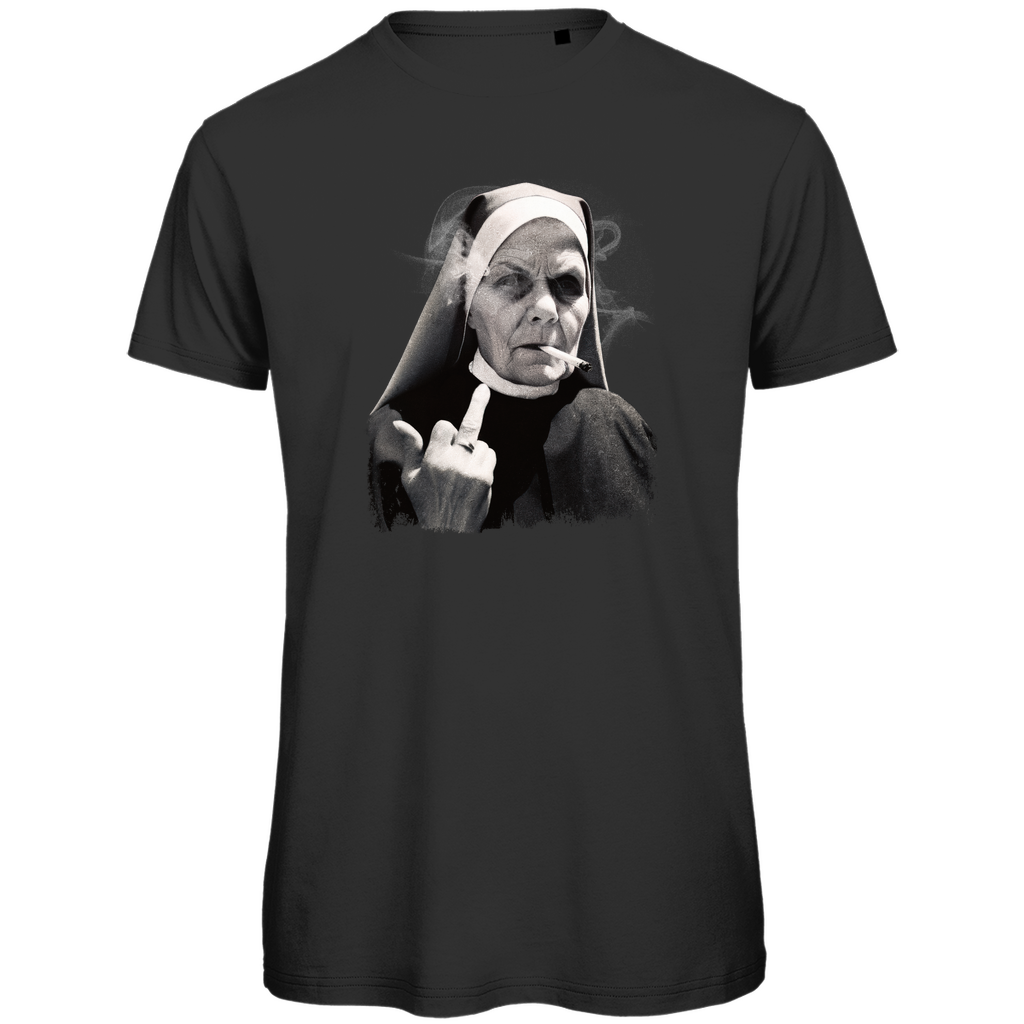 T-Shirt Herren „Rebellische Nonne“ aus Bio-Baumwolle in Schwarz – illustratives Statement-Motiv mit Nonne und Zigarette für Männer mit Haltung