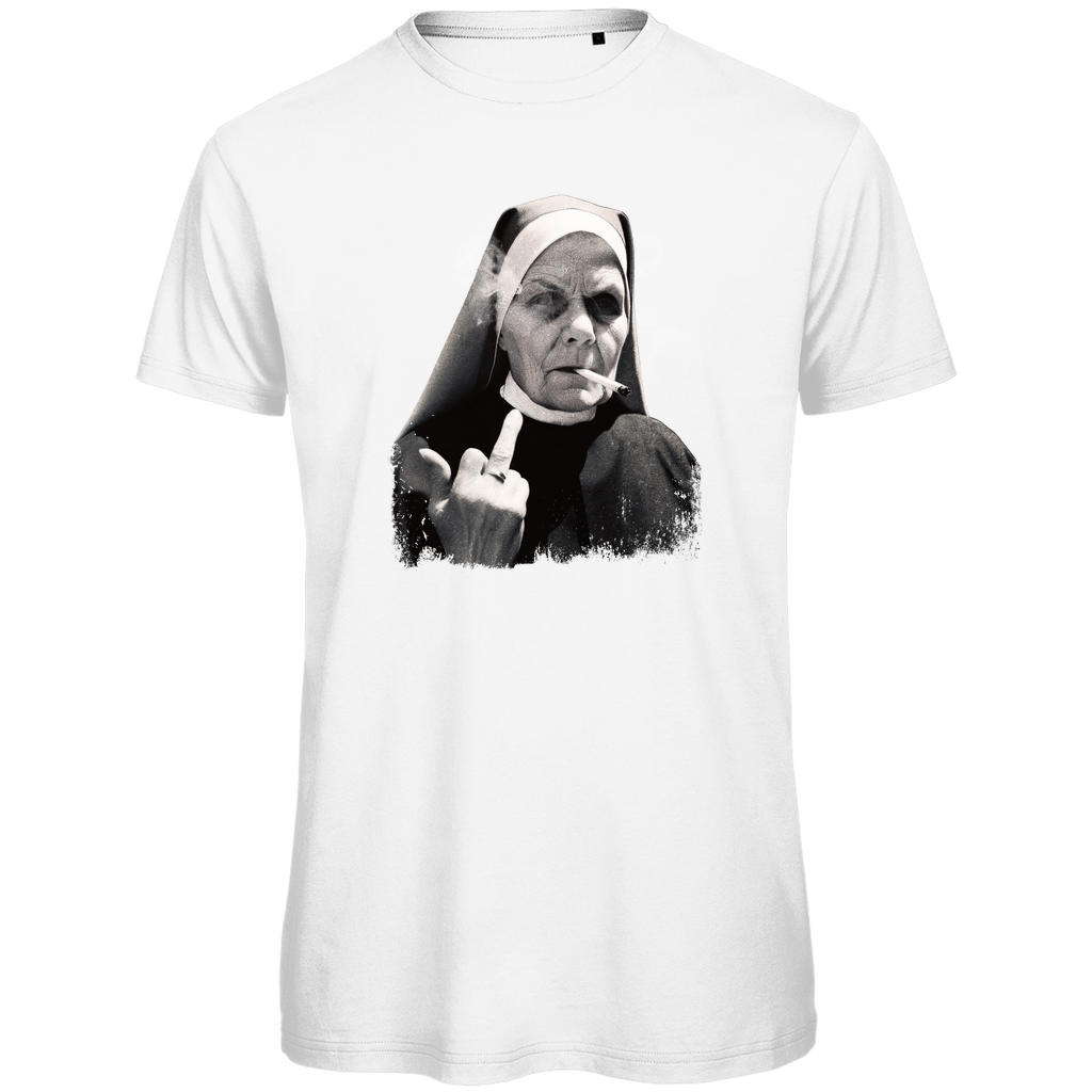 T-Shirt Herren „Rebellische Nonne“ aus Bio-Baumwolle in Weiß – illustratives Statement-Motiv mit Nonne und Zigarette für Männer mit Haltung