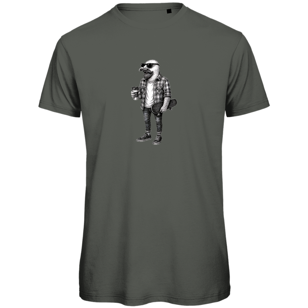 T-Shirt Herren "Seaside Dude" aus Bio-Baumwolle in Khaki Olivgrau mit gezeichneter Möwe für den modernen Mann mit Geschmack – cooles urbanes Design mit Humor