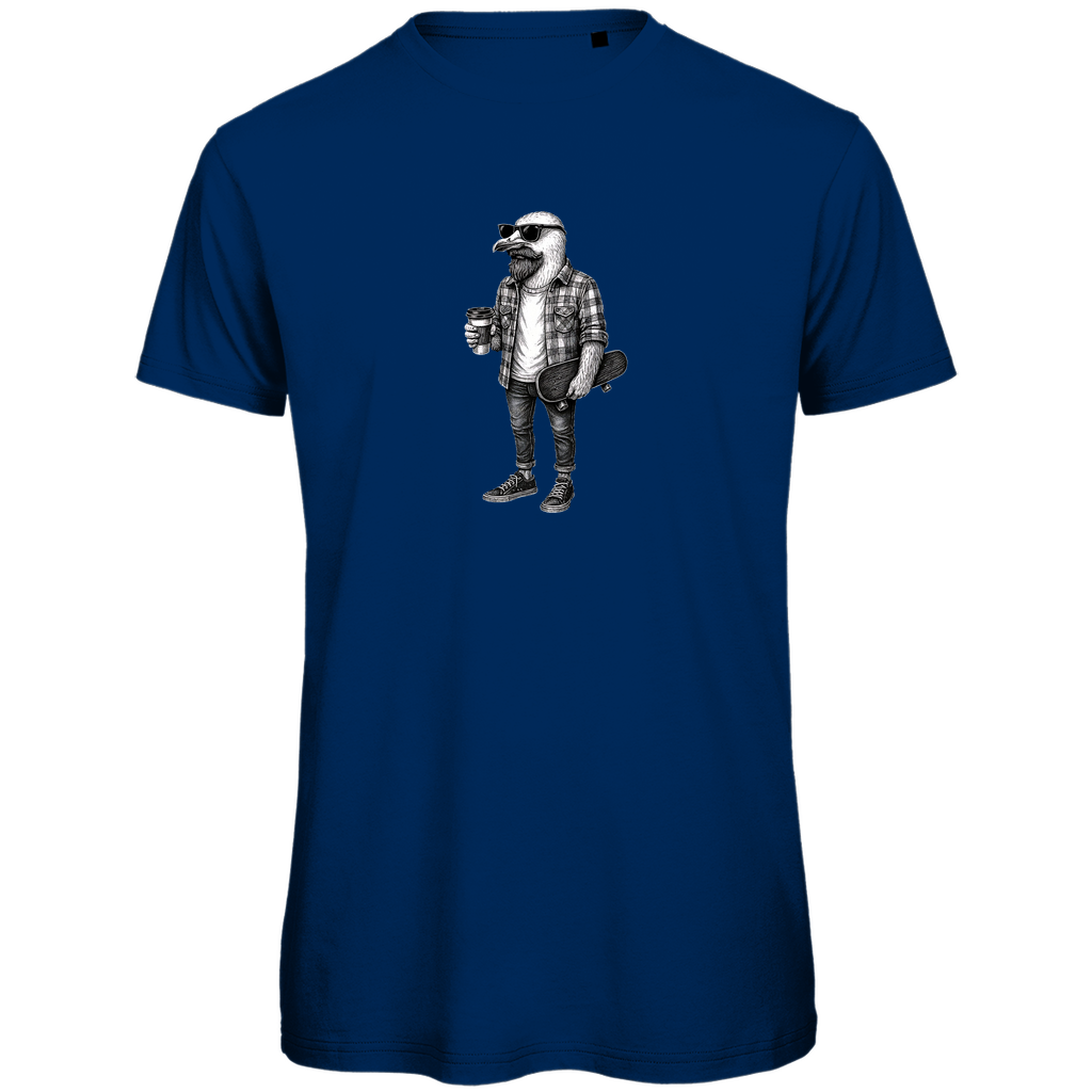 T-Shirt Herren "Seaside Dude" aus Bio-Baumwolle in Navy Blau mit gezeichneter Möwe für den modernen Mann mit Geschmack – cooles urbanes Design mit Humor