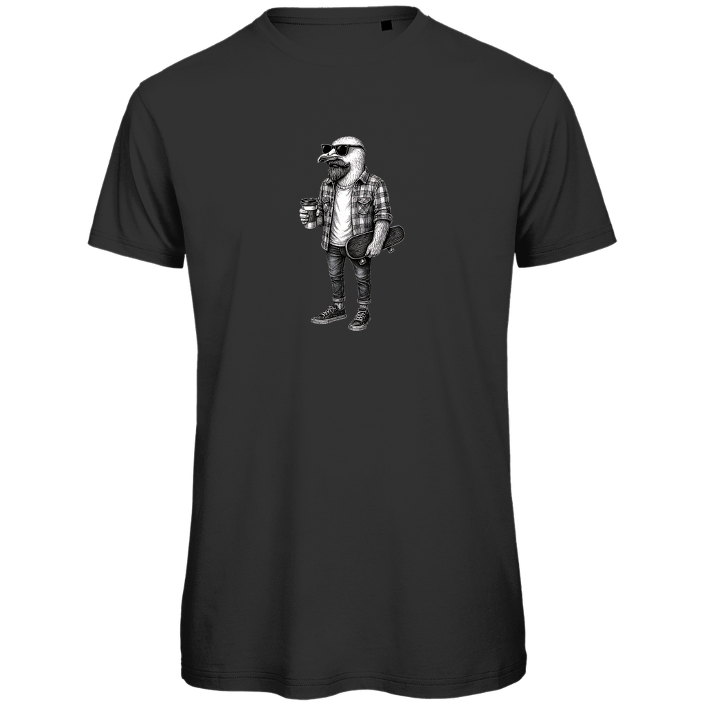 T-Shirt Herren "Seaside Dude" aus Bio-Baumwolle in Schwarz mit gezeichneter Möwe für den modernen Mann mit Geschmack – cooles urbanes Design mit Humor