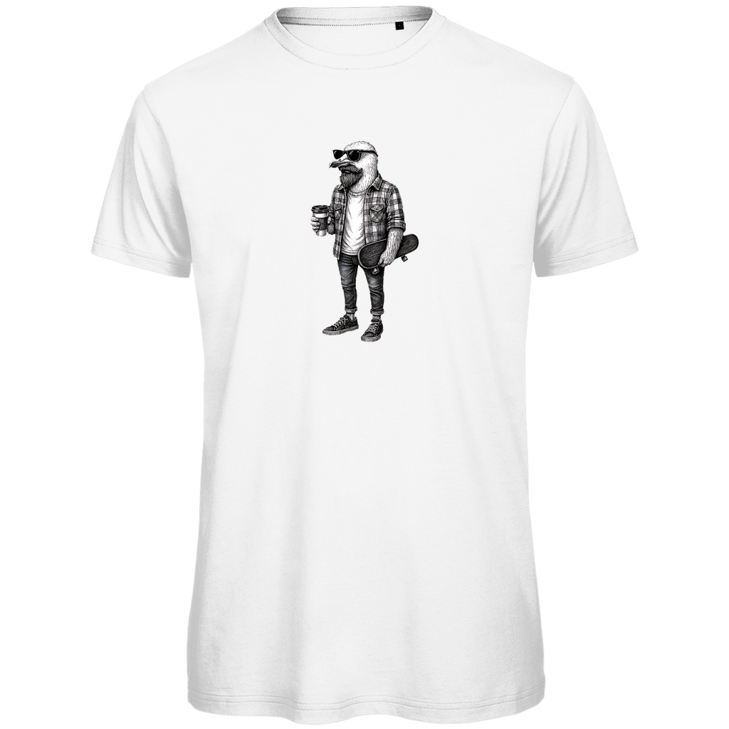 T-Shirt Herren "Seaside Dude" aus Bio-Baumwolle in Weiß mit gezeichneter Möwe für den modernen Mann mit Geschmack – cooles urbanes Design mit Humor