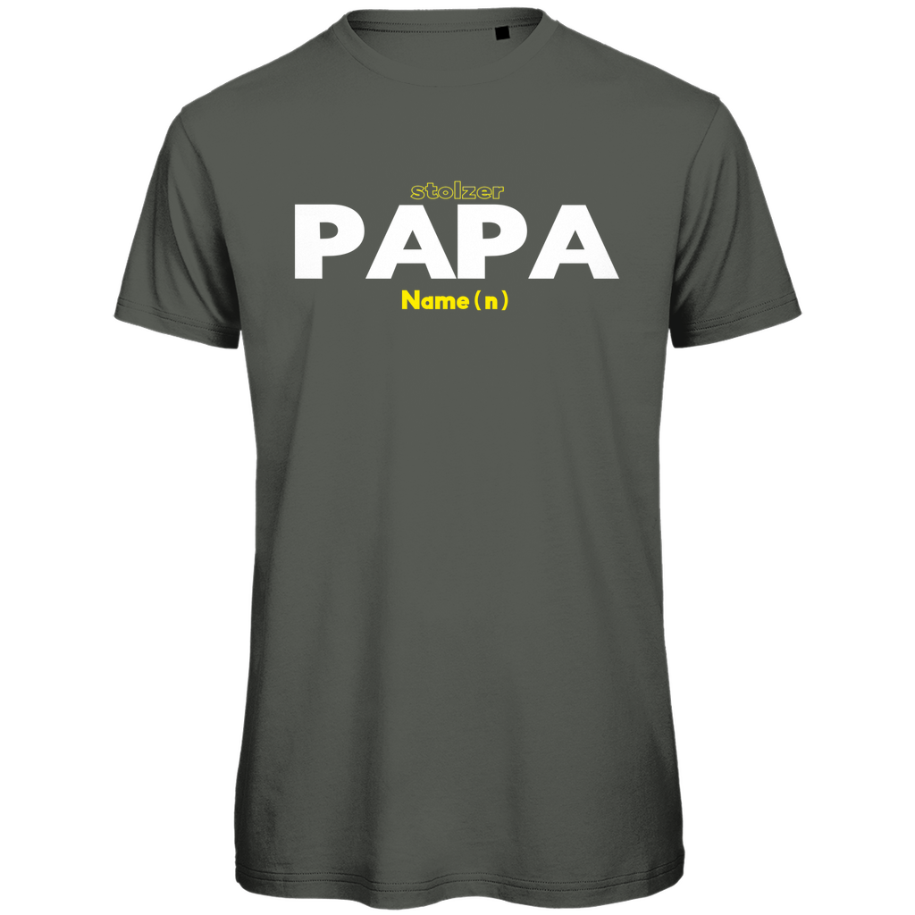 T-Shirt Herren "Stolzer Papa" personalisierbar aus Bio-Baumwolle in Anthrazit – minimalistisches Design für Väter. Individuell mit Wunschnamen