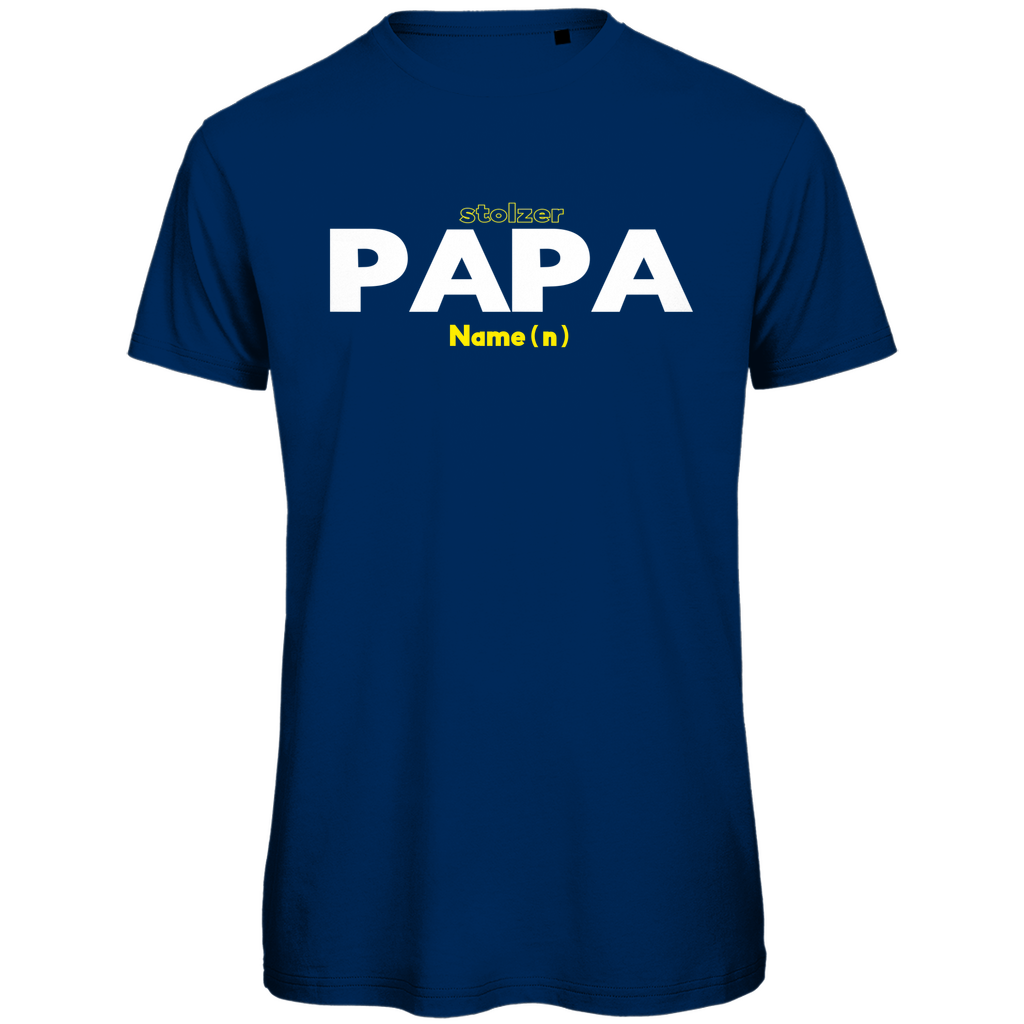 T-Shirt Herren "Stolzer Papa" personalisierbar aus Bio-Baumwolle in Blau – minimalistisches Design für Väter. Individuell mit Wunschnamen