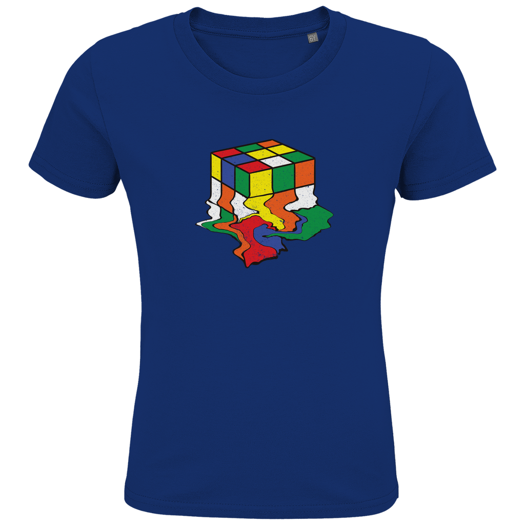Kinder T-Shirt in Royal Blue aus Bio-Baumwolle mit buntem Rubik-Zauberwürfel-Motiv, nachhaltig in Deutschland produziert für Jungen.