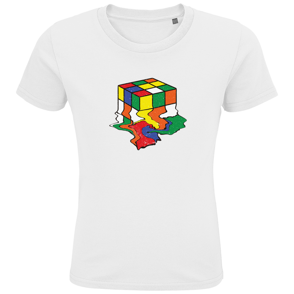 Kinder T-Shirt in Weiß aus Bio-Baumwolle mit buntem Rubik-Zauberwürfel-Motiv, nachhaltig in Deutschland produziert für Jungen.