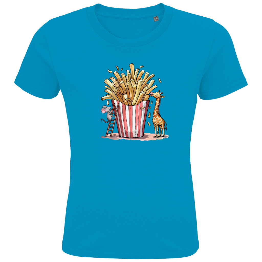 Kinder T-Shirt "FRIES FRIENDS" aus Bio-Baumwolle in Aqua Blau – Lustiges Tiermotiv mit Giraffe und Maus an Pommes-Portion