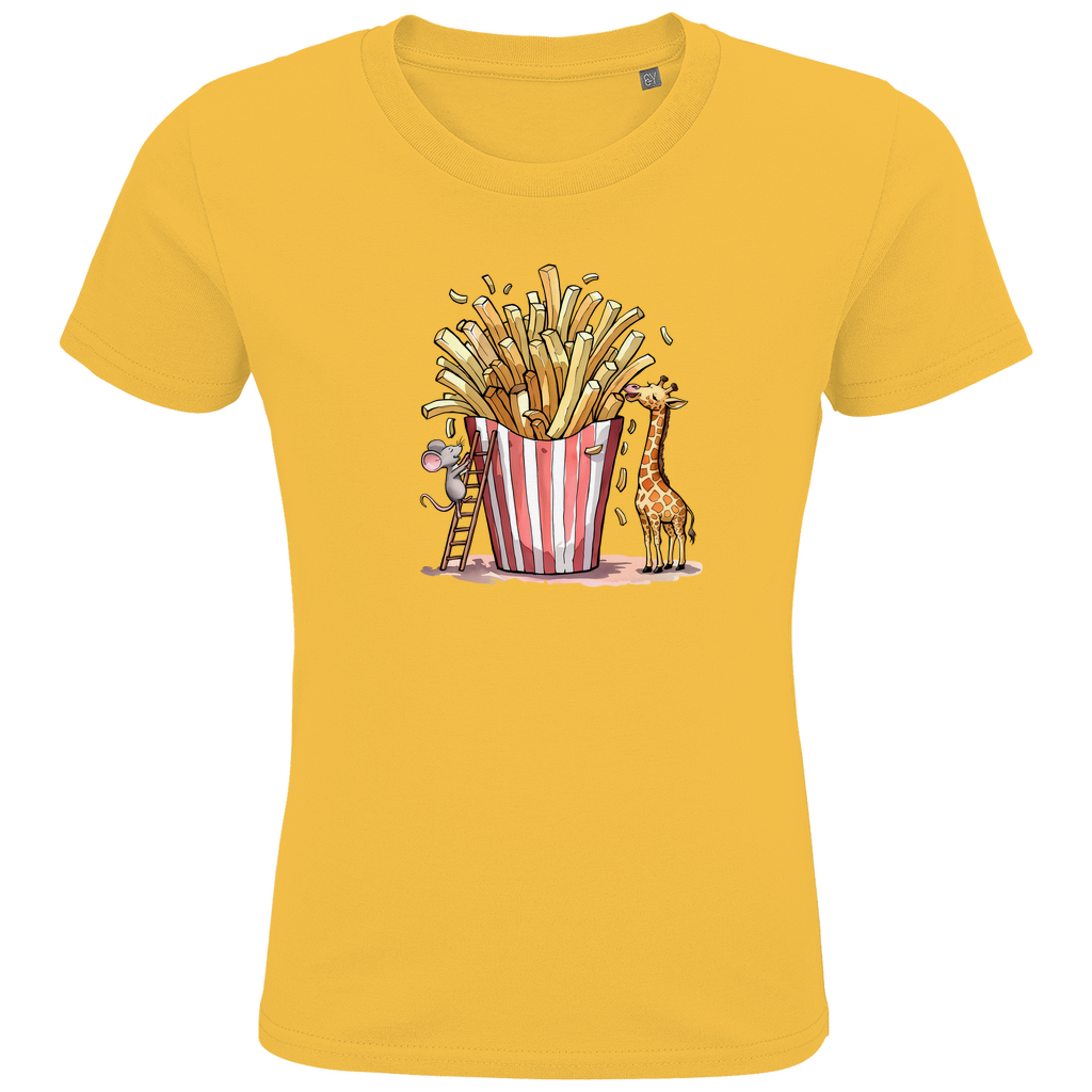 Kinder T-Shirt "FRIES FRIENDS" aus Bio-Baumwolle in Gold Gelb – Lustiges Tiermotiv mit Giraffe und Maus an Pommes-Portion
