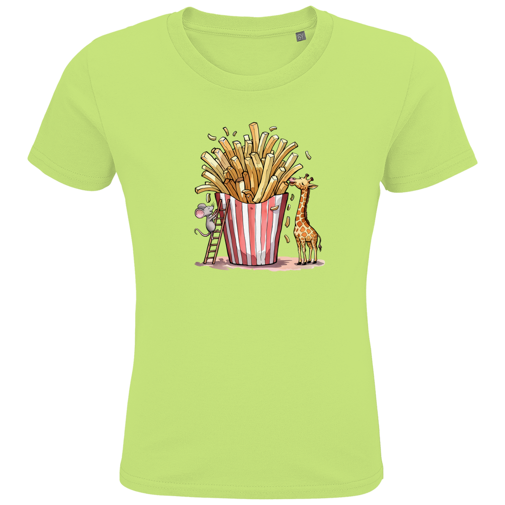 Kinder T-Shirt "FRIES FRIENDS" aus Bio-Baumwolle in Apfel Grün – Lustiges Tiermotiv mit Giraffe und Maus an Pommes-Portion