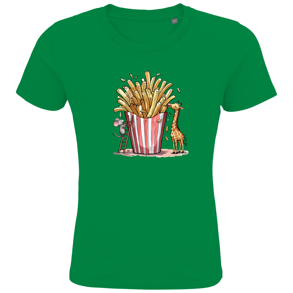 Kinder T-Shirt "FRIES FRIENDS" aus Bio-Baumwolle in Grün – Lustiges Tiermotiv mit Giraffe und Maus an Pommes-Portion