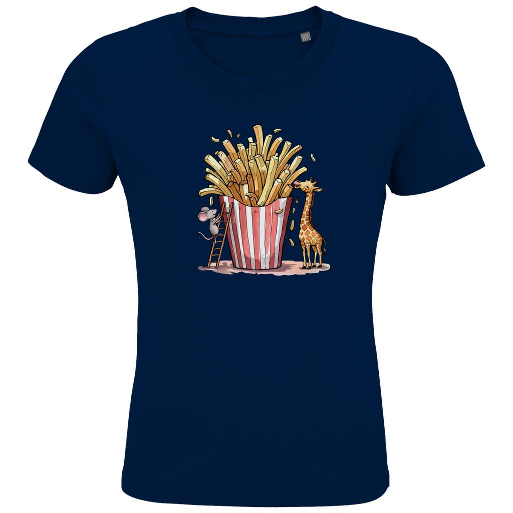 Kinder T-Shirt "FRIES FRIENDS" aus Bio-Baumwolle in Navy Blau – Lustiges Tiermotiv mit Giraffe und Maus an Pommes-Portion