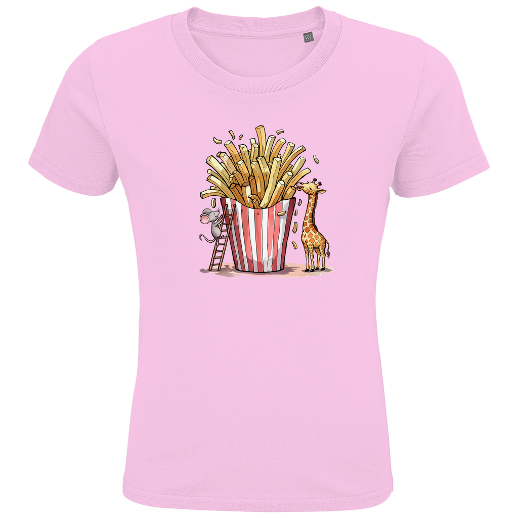 Kinder T-Shirt "FRIES FRIENDS" aus Bio-Baumwolle in Pink – Lustiges Tiermotiv mit Giraffe und Maus an Pommes-Portion