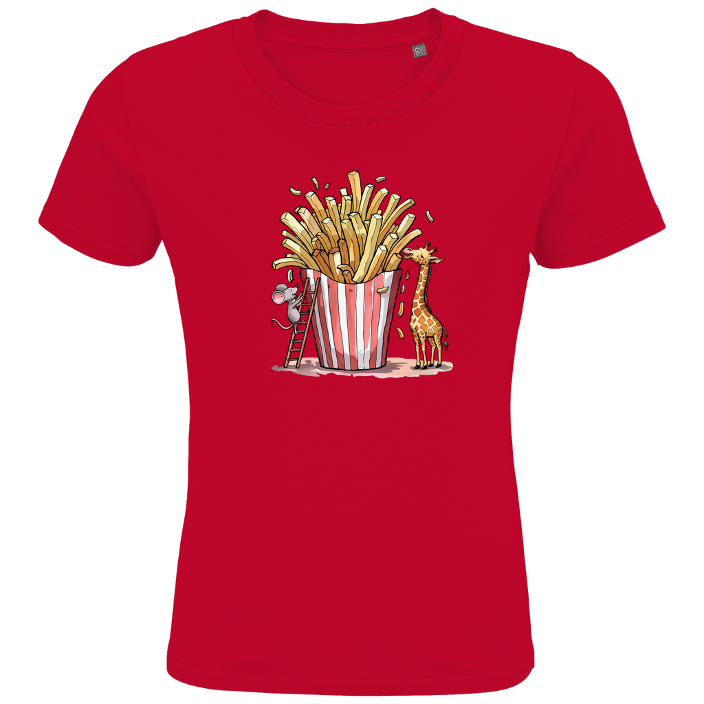 Kinder T-Shirt "FRIES FRIENDS" aus Bio-Baumwolle in Rot – Lustiges Tiermotiv mit Giraffe und Maus an Pommes-Portion
