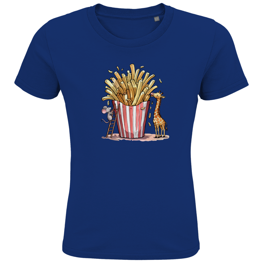 Kinder T-Shirt "FRIES FRIENDS" aus Bio-Baumwolle in Royal Blau – Lustiges Tiermotiv mit Giraffe und Maus an Pommes-Portion