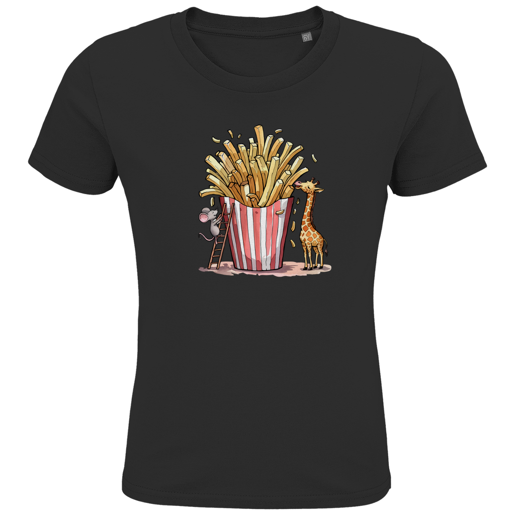 Kinder T-Shirt "FRIES FRIENDS" aus Bio-Baumwolle in Schwarz – Lustiges Tiermotiv mit Giraffe und Maus an Pommes-Portion
