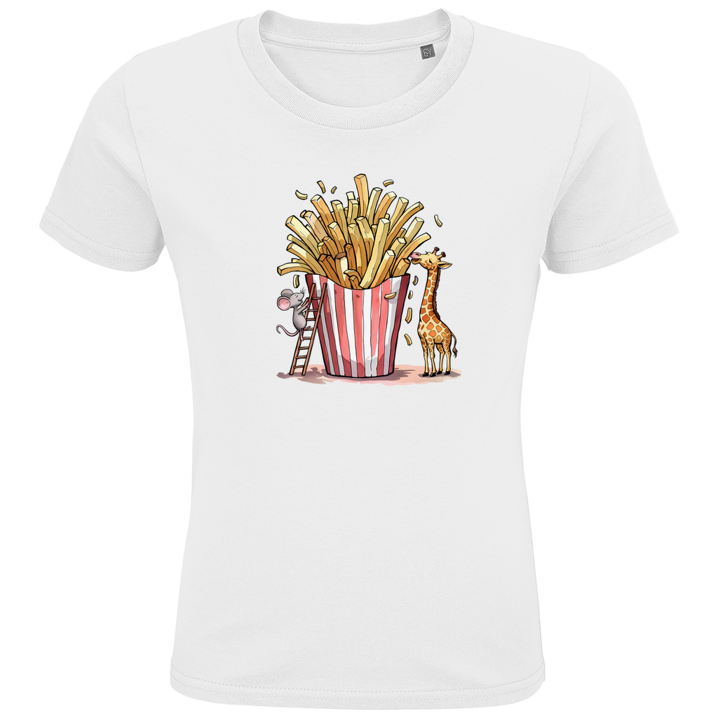 Kinder T-Shirt "FRIES FRIENDS" aus Bio-Baumwolle in Weiß – Lustiges Tiermotiv mit Giraffe und Maus an Pommes-Portion