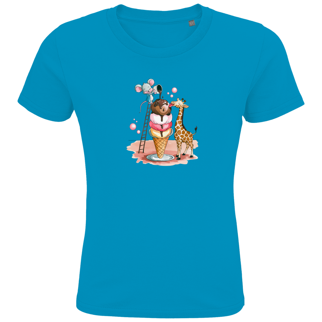 Kinder T-Shirt mit lustigem Tiermotiv in Blau: Maus auf Leiter und Giraffe an Eiswaffel aus Bio-Baumwolle