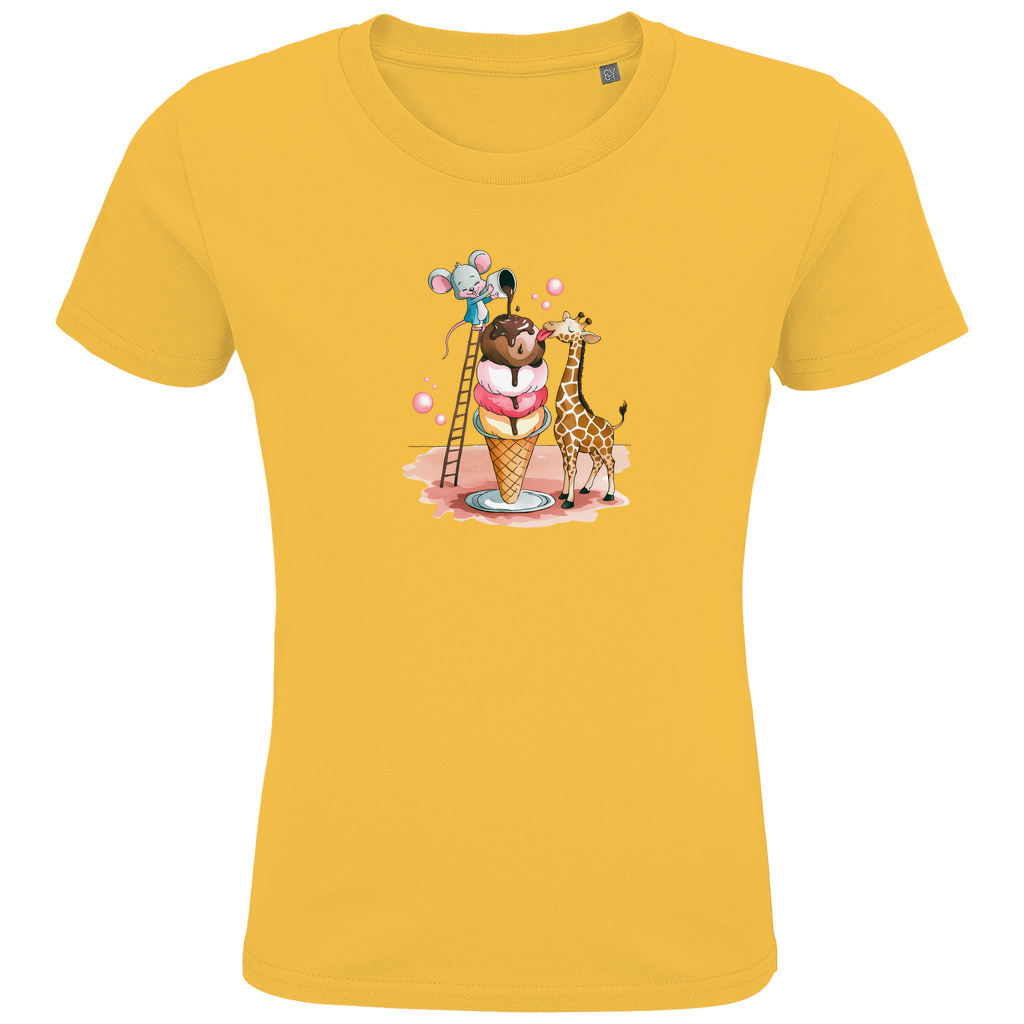 Kinder T-Shirt mit lustigem Tiermotiv in Gelb: Maus auf Leiter und Giraffe an Eiswaffel aus Bio-Baumwolle