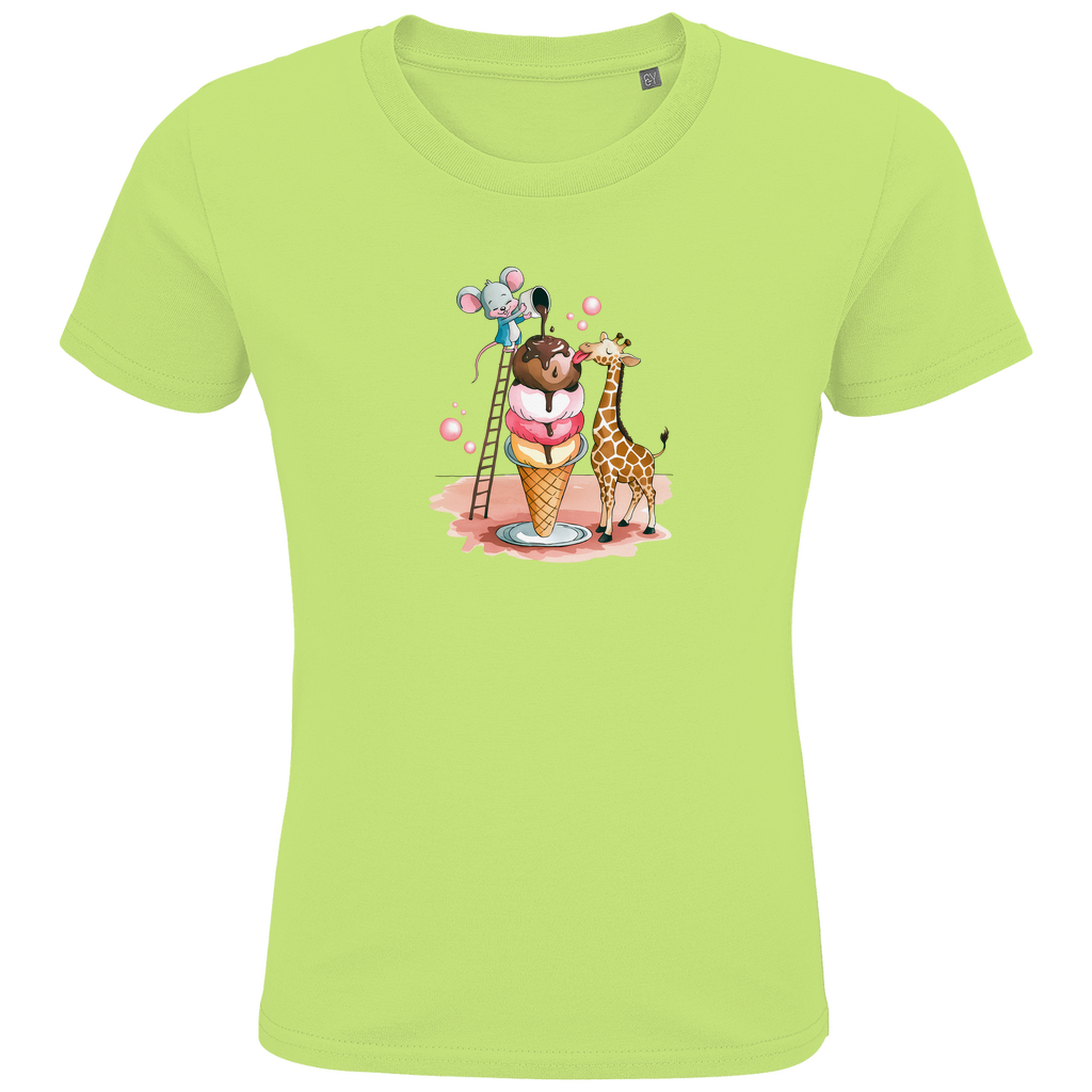 Kinder T-Shirt mit lustigem Tiermotiv in Grün: Maus auf Leiter und Giraffe an Eiswaffel aus Bio-Baumwolle