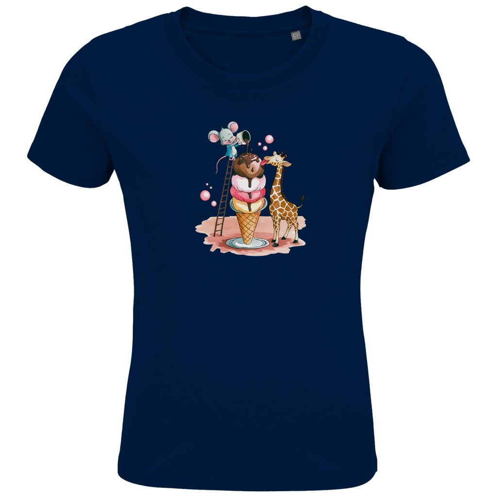 Kinder T-Shirt mit lustigem Tiermotiv in Navy Blau: Maus auf Leiter und Giraffe an Eiswaffel aus Bio-Baumwolle