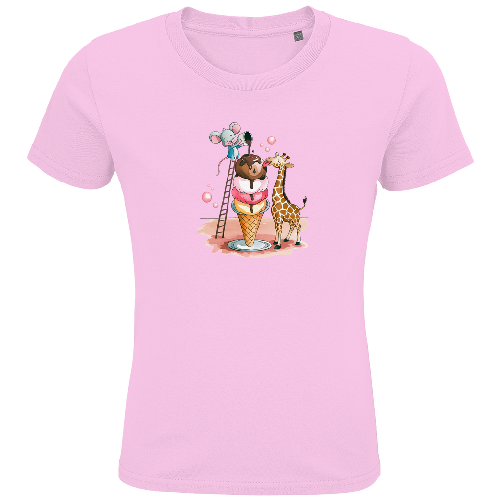 Kinder T-Shirt mit lustigem Tiermotiv in Rosa: Maus auf Leiter und Giraffe an Eiswaffel aus Bio-Baumwolle