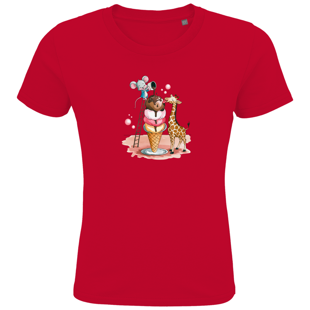 Kinder T-Shirt mit lustigem Tiermotiv in Rot: Maus auf Leiter und Giraffe an Eiswaffel aus Bio-Baumwolle