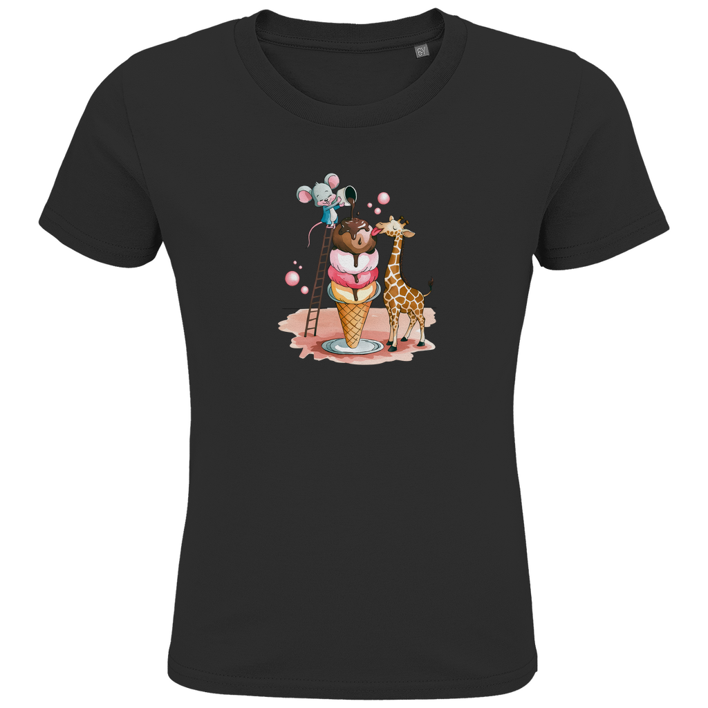 Kinder T-Shirt mit lustigem Tiermotiv in Schwarz: Maus auf Leiter und Giraffe an Eiswaffel aus Bio-Baumwolle
