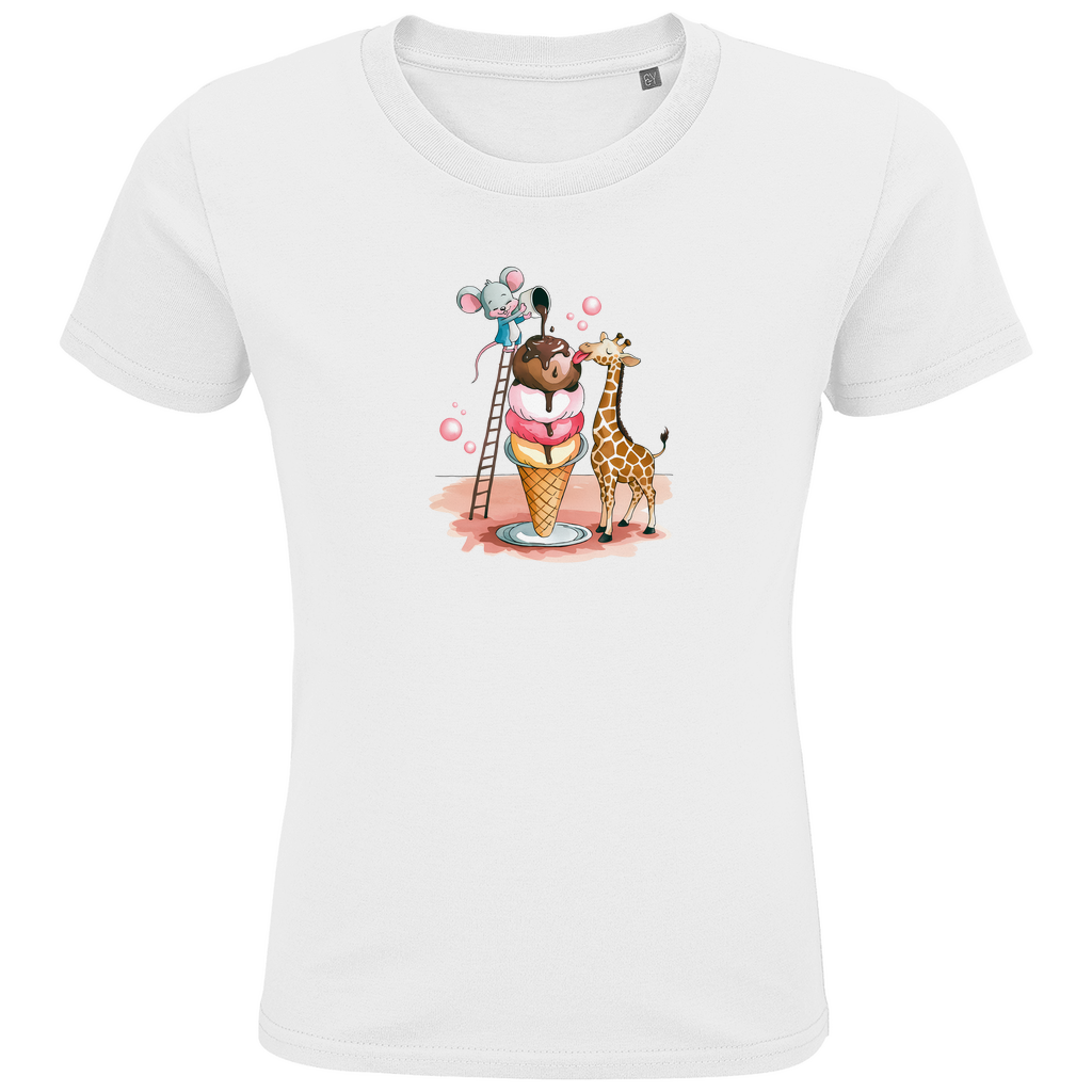 Kinder T-Shirt mit lustigem Tiermotiv in Weiß: Maus auf Leiter und Giraffe an Eiswaffel aus Bio-Baumwolle