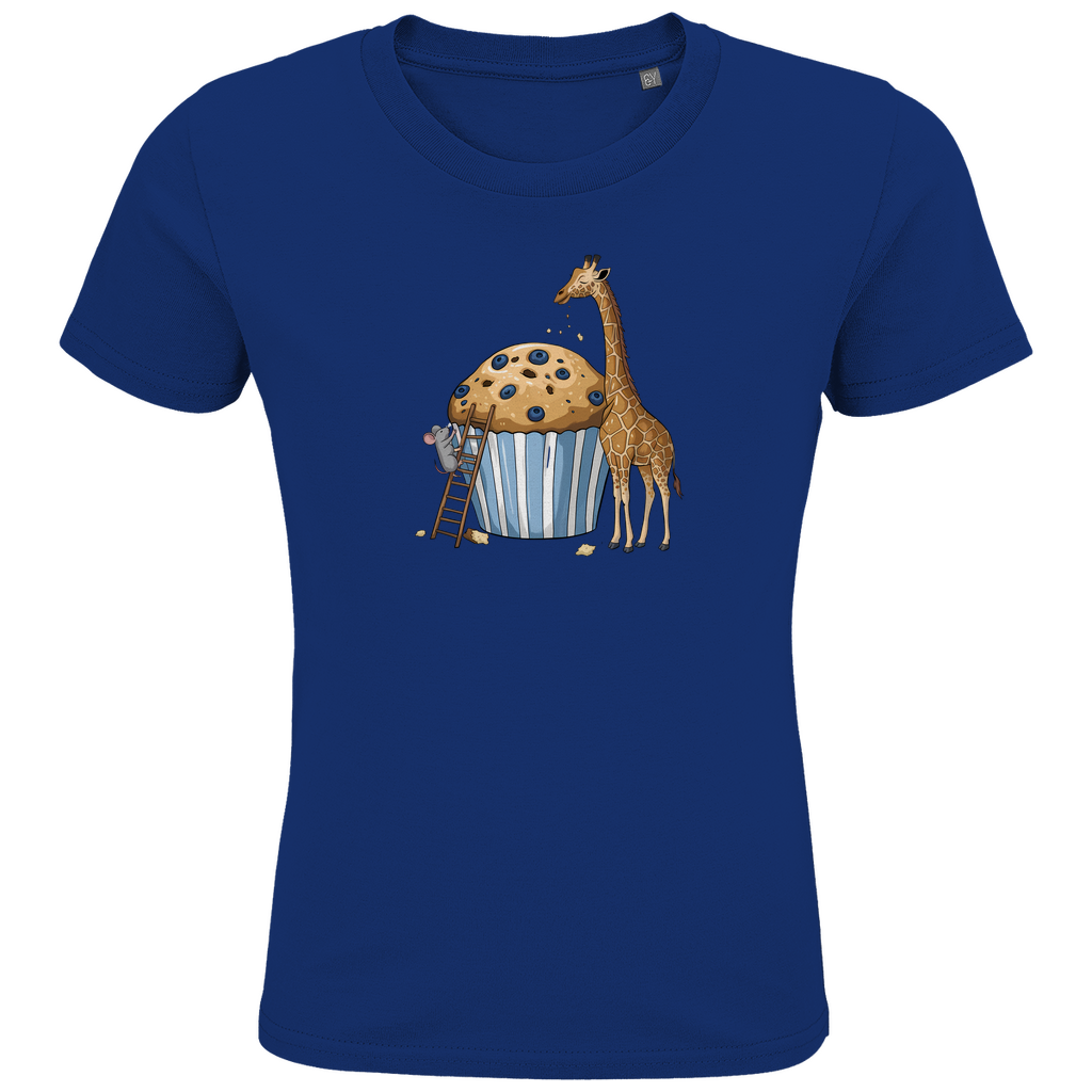 Kinder T-Shirt "Muffin Friends" Tiermotiv in Blau: Maus auf Leiter und Giraffe an Blaubeer-Muffin aus Bio-Baumwolle
