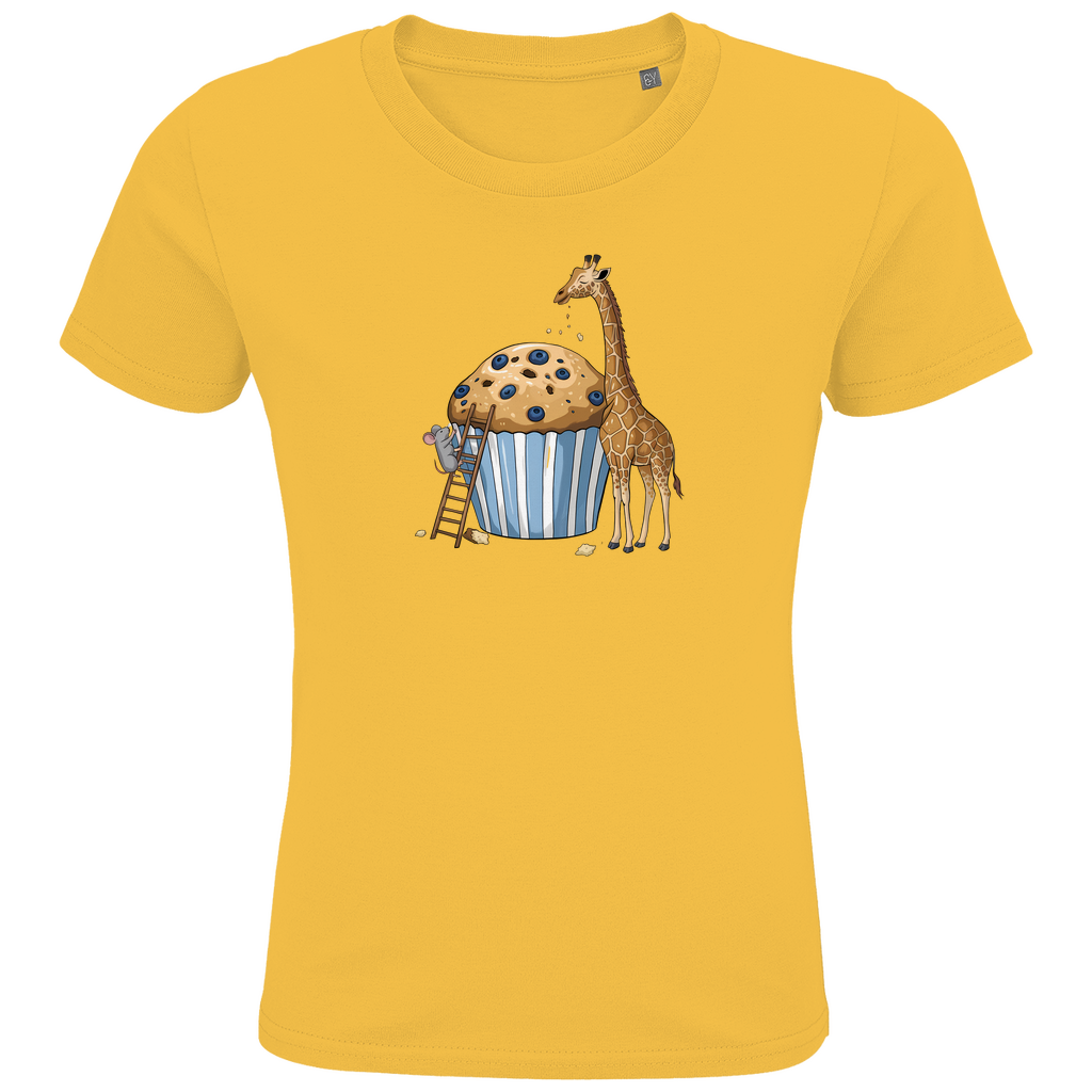 Kinder T-Shirt "Muffin Friends" Tiermotiv in Gelb: Maus auf Leiter und Giraffe an Blaubeer-Muffin aus Bio-Baumwolle