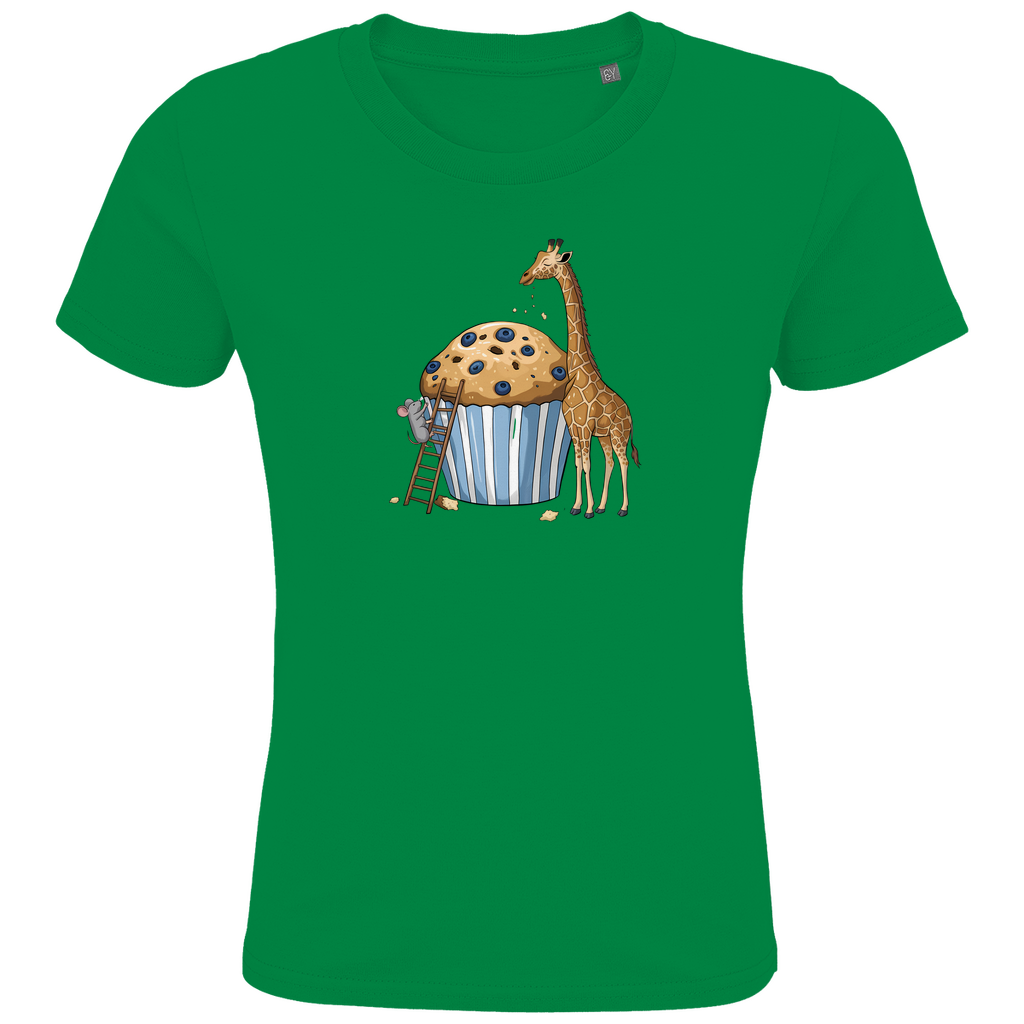 Kinder T-Shirt "Muffin Friends" Tiermotiv in Grün: Maus auf Leiter und Giraffe an Blaubeer-Muffin aus Bio-Baumwolle