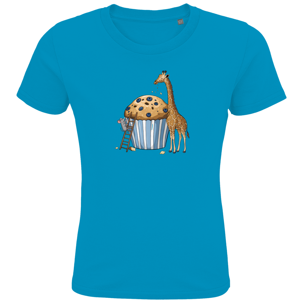 Kinder T-Shirt "Muffin Friends" Tiermotiv in Hellblau: Maus auf Leiter und Giraffe an Blaubeer-Muffin aus Bio-Baumwolle