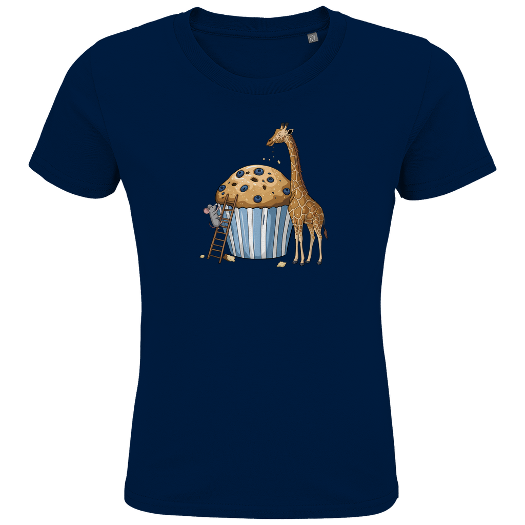 Kinder T-Shirt "Muffin Friends" Tiermotiv in Navy Blau: Maus auf Leiter und Giraffe an Blaubeer-Muffin aus Bio-Baumwolle