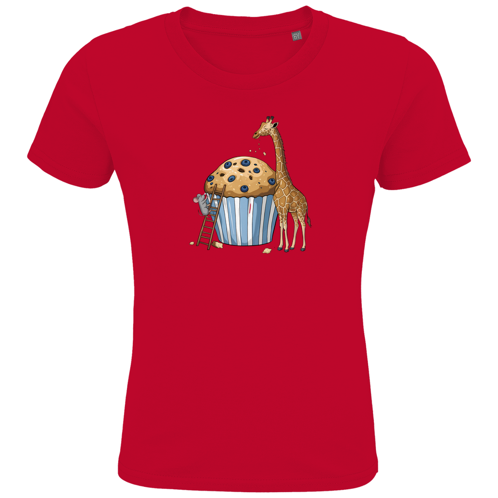 Kinder T-Shirt "Muffin Friends" Tiermotiv in Rot: Maus auf Leiter und Giraffe an Blaubeer-Muffin aus Bio-Baumwolle