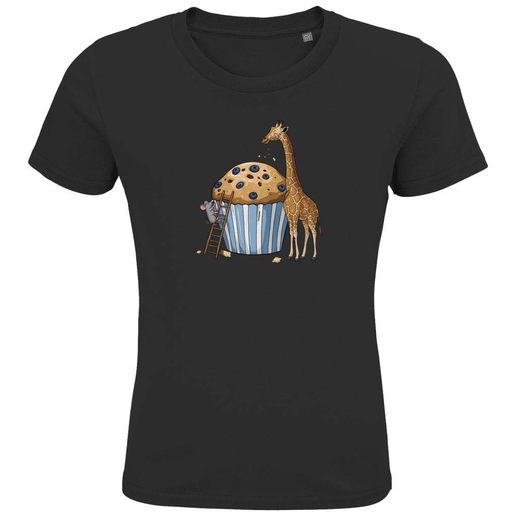 Kinder T-Shirt "Muffin Friends" Tiermotiv in Schwarz: Maus auf Leiter und Giraffe an Blaubeer-Muffin aus Bio-Baumwolle
