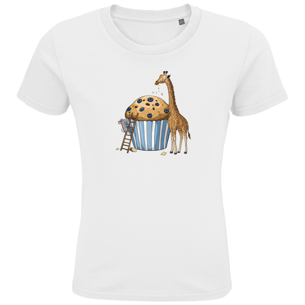 Kinder T-Shirt "Muffin Friends" Tiermotiv in Weiß: Maus auf Leiter und Giraffe an Blaubeer-Muffin aus Bio-Baumwolle