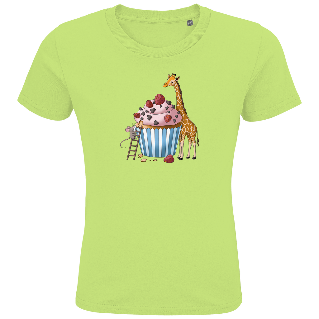 Kinder T-Shirt "Sweet Friends" Süßes Tiermotiv in Apfel Grün: Maus auf Leiter und Giraffe an Erdbeer-Schoko-Cupcake aus Bio-Baumwolle
