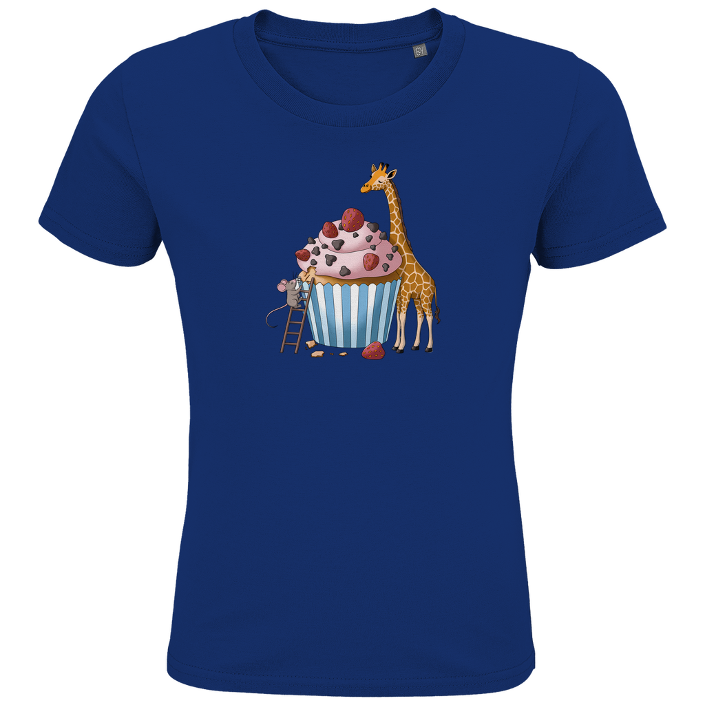 Kinder T-Shirt "Sweet Friends" Süßes Tiermotiv in Blau: Maus auf Leiter und Giraffe an Erdbeer-Schoko-Cupcake aus Bio-Baumwolle