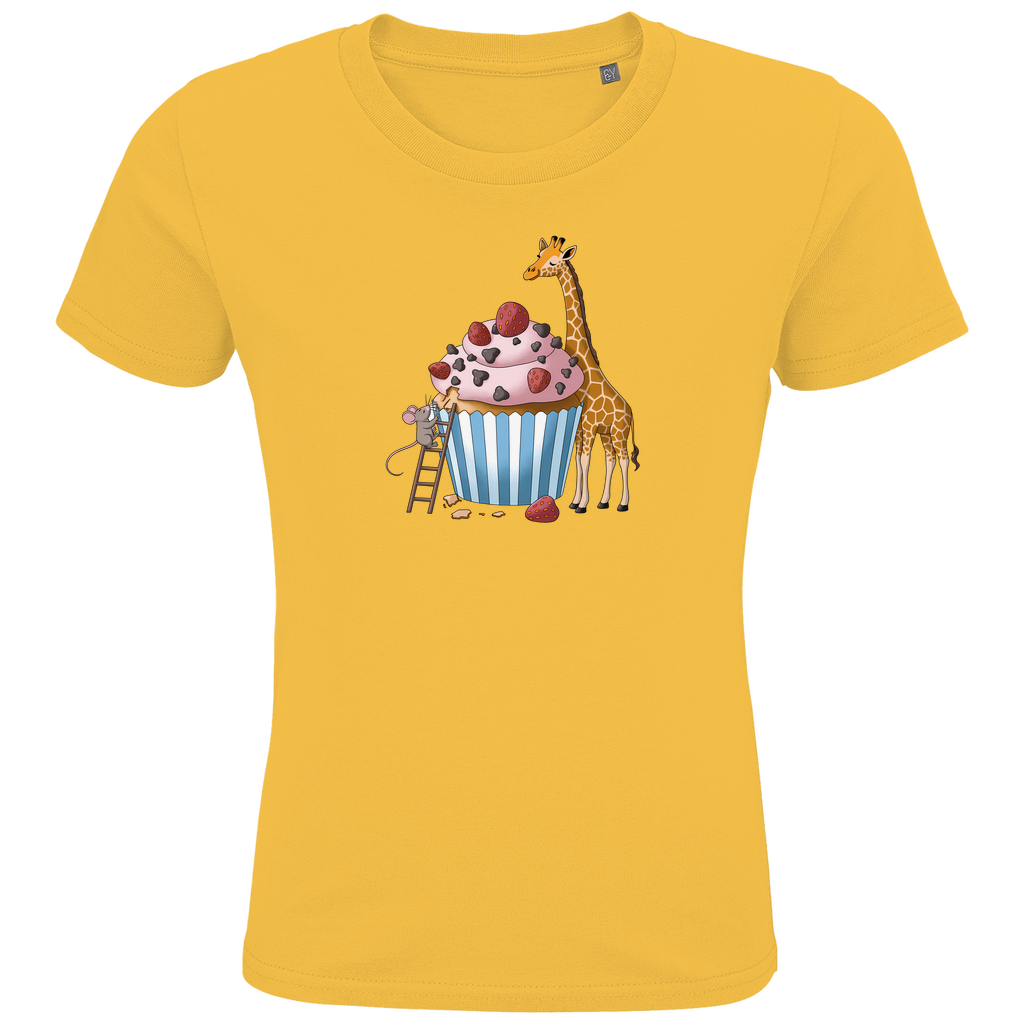 Kinder T-Shirt "Sweet Friends" Süßes Tiermotiv in Gelb: Maus auf Leiter und Giraffe an Erdbeer-Schoko-Cupcake aus Bio-Baumwolle
