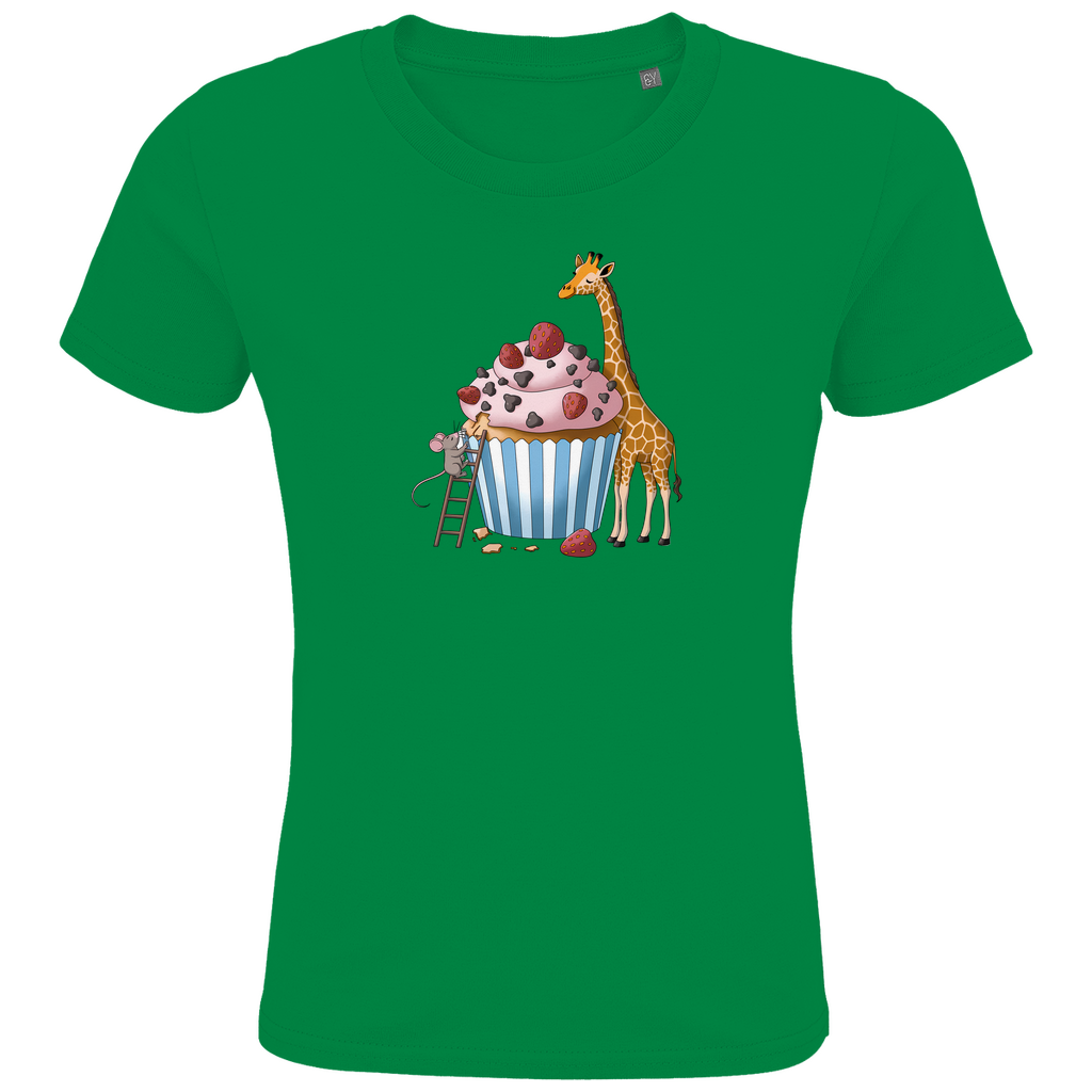 Kinder T-Shirt "Sweet Friends" Süßes Tiermotiv in Grün: Maus auf Leiter und Giraffe an Erdbeer-Schoko-Cupcake aus Bio-Baumwolle
