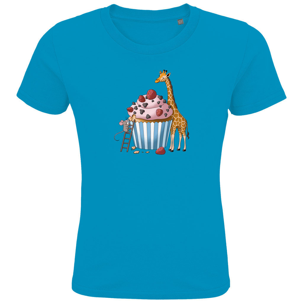 Kinder T-Shirt "Sweet Friends" Süßes Tiermotiv in Hellblau: Maus auf Leiter und Giraffe an Erdbeer-Schoko-Cupcake aus Bio-Baumwolle