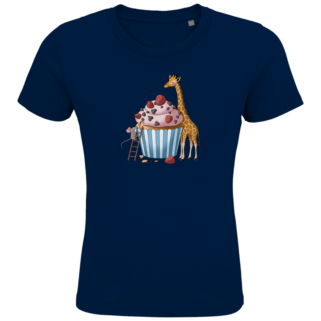 Kinder T-Shirt "Sweet Friends" Süßes Tiermotiv in Navy Blau: Maus auf Leiter und Giraffe an Erdbeer-Schoko-Cupcake aus Bio-Baumwolle
